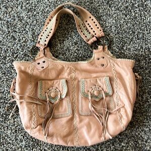 Betsey Johnson leather whipstitch shoulder bag in soft pink